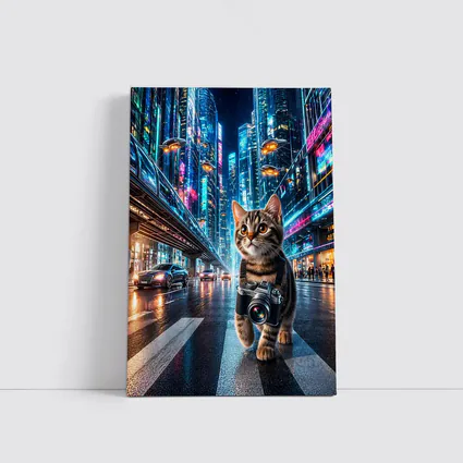Kitten Photographer Walking Futuristic Neon City