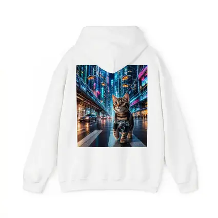 Kitten Photographer Walking Futuristic Neon City