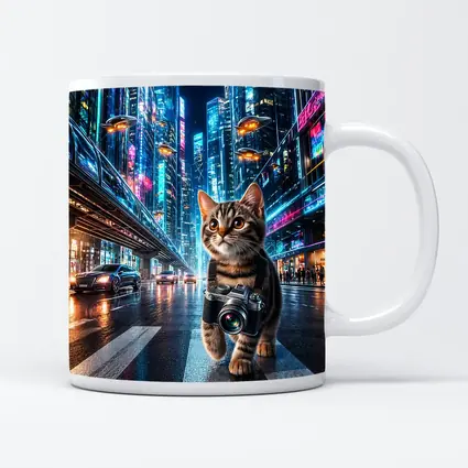 Kitten Photographer Walking Futuristic Neon City