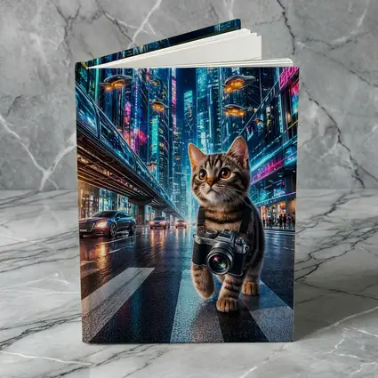 Kitten Photographer Walking Futuristic Neon City