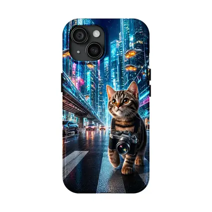 Kitten Photographer Walking Futuristic Neon City