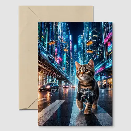 Kitten Photographer Walking Futuristic Neon City
