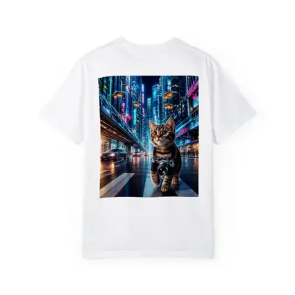 Kitten Photographer Walking Futuristic Neon City