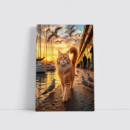 Ginger Cat Walking Harbor Sunset Seagulls