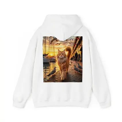 Ginger Cat Walking Harbor Sunset Seagulls