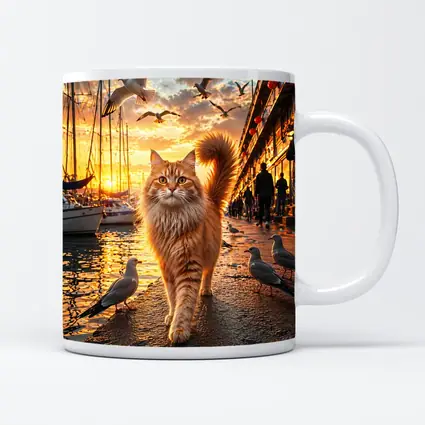 Ginger Cat Walking Harbor Sunset Seagulls