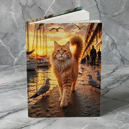 Ginger Cat Walking Harbor Sunset Seagulls