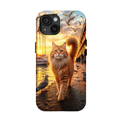 Ginger Cat Walking Harbor Sunset Seagulls
