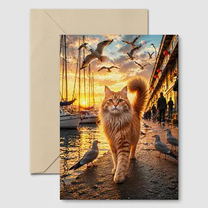 Ginger Cat Walking Harbor Sunset Seagulls