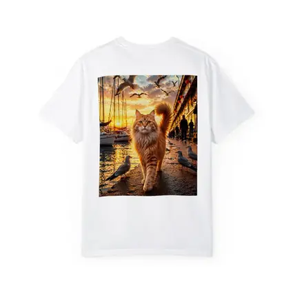 Ginger Cat Walking Harbor Sunset Seagulls