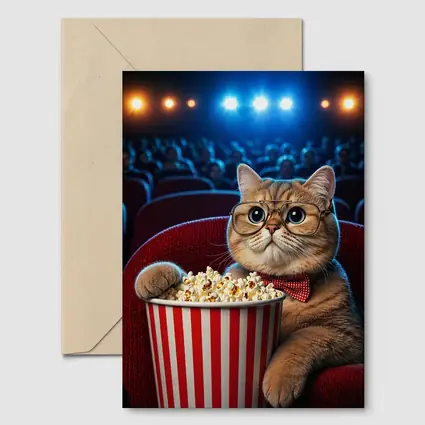 Cat at Cinema Moviegoer with Popcorn