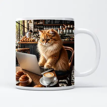 Persian Cat Glasses Working Laptop Coffee Shop