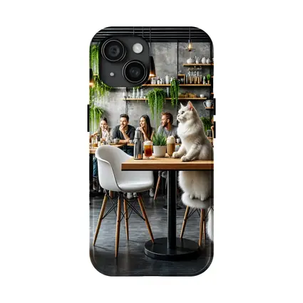 White Cat Relaxing in Modern Cafe