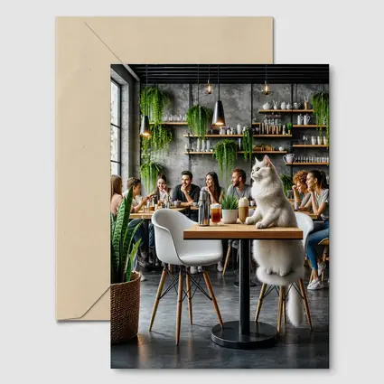 White Cat Relaxing in Modern Cafe