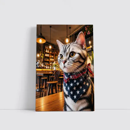 American Shorthair Cat Wearing Stars Bandana Cafe