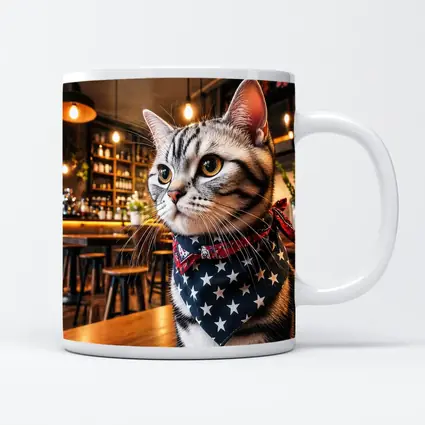 American Shorthair Cat Wearing Stars Bandana Cafe