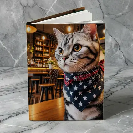 American Shorthair Cat Wearing Stars Bandana Cafe
