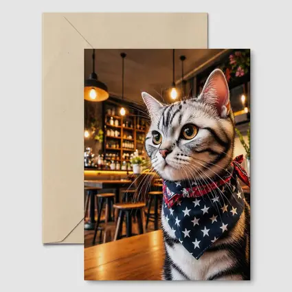 American Shorthair Cat Wearing Stars Bandana Cafe