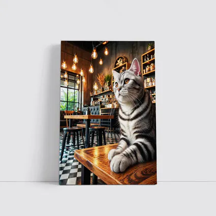 American Shorthair Cat Sitting In Cafe