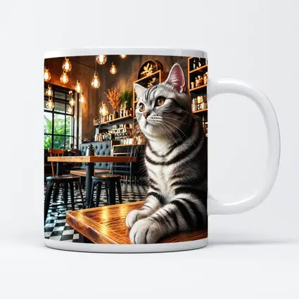 American Shorthair Cat Sitting In Cafe