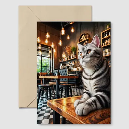 American Shorthair Cat Sitting In Cafe