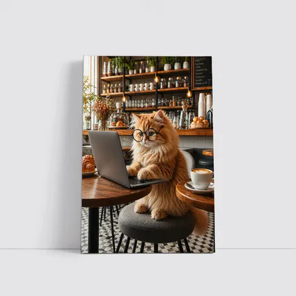 Persian Cat Working Laptop Cozy Cafe