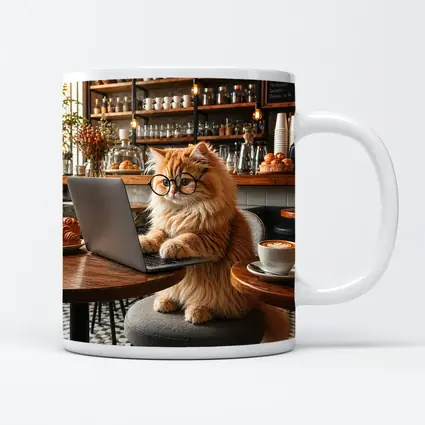 Persian Cat Working Laptop Cozy Cafe