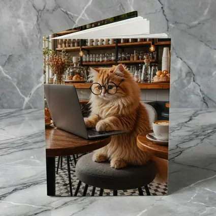 Persian Cat Working Laptop Cozy Cafe