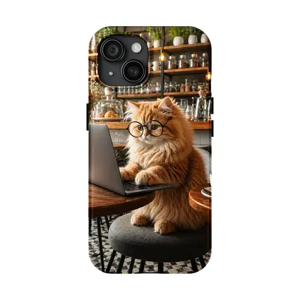 Persian Cat Working Laptop Cozy Cafe