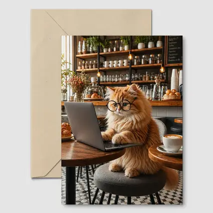 Persian Cat Working Laptop Cozy Cafe