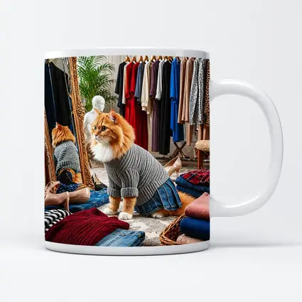 Orange Cat Wearing Sweater in Fashion Boutique