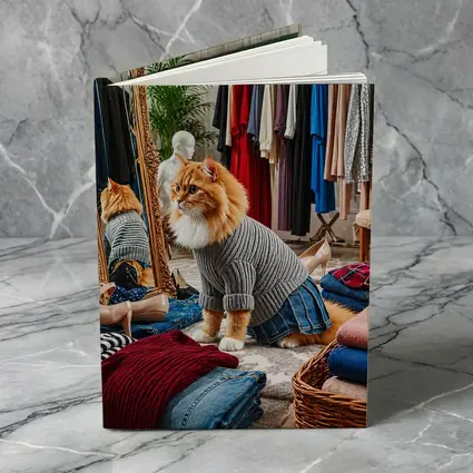 Orange Cat Wearing Sweater in Fashion Boutique