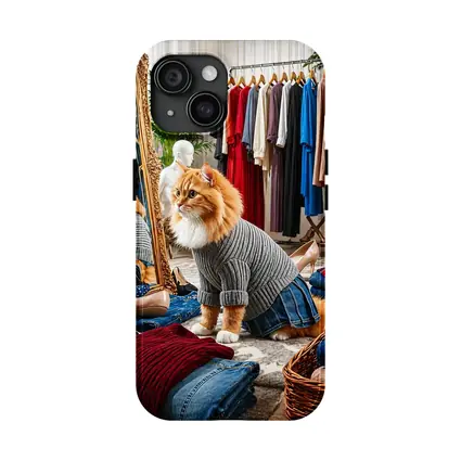 Orange Cat Wearing Sweater in Fashion Boutique