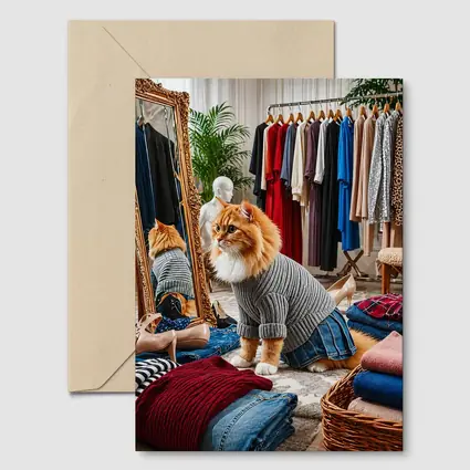 Orange Cat Wearing Sweater in Fashion Boutique
