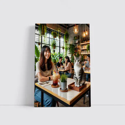 Cat Sitting in Green Plant Filled Cafe