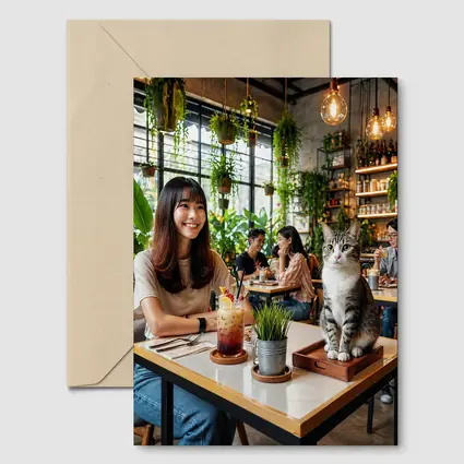Cat Sitting in Green Plant Filled Cafe