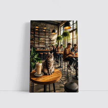 Tabby Cat Sitting In Cozy Industrial Cafe