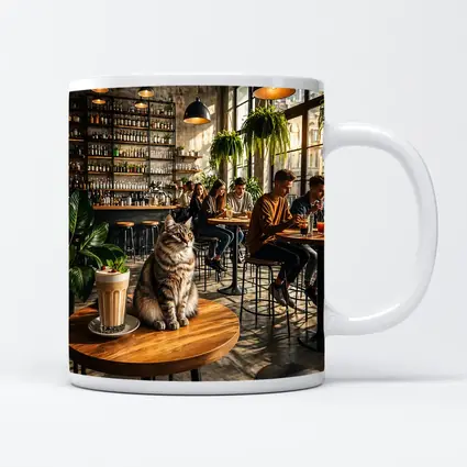 Tabby Cat Sitting In Cozy Industrial Cafe