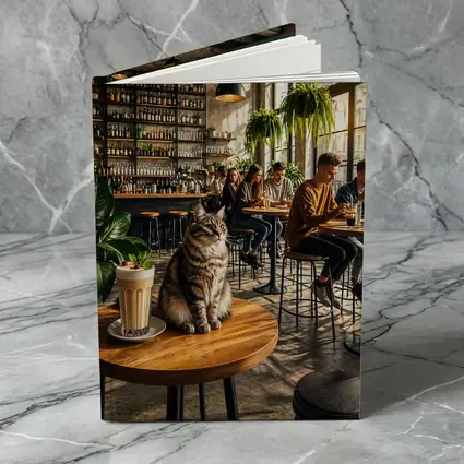 Tabby Cat Sitting In Cozy Industrial Cafe