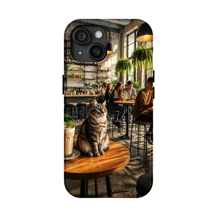Tabby Cat Sitting In Cozy Industrial Cafe