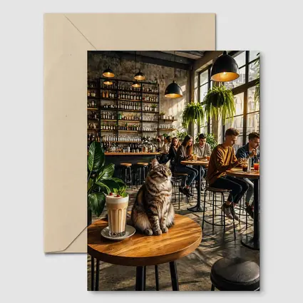 Tabby Cat Sitting In Cozy Industrial Cafe