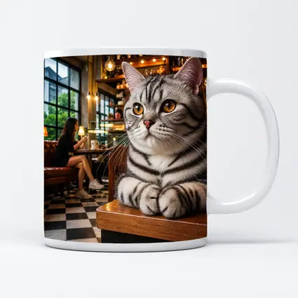 American Shorthair Cat Relaxing In Cafe
