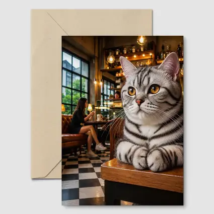 American Shorthair Cat Relaxing In Cafe