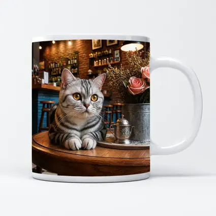 American Shorthair Cat Cozy Cafe Interior