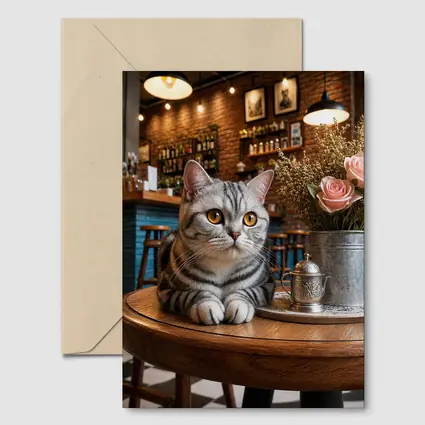 American Shorthair Cat Cozy Cafe Interior