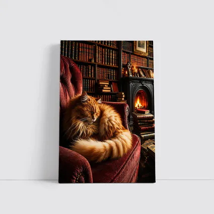 Fluffy Ginger Cat Sleeping Library Fireplace