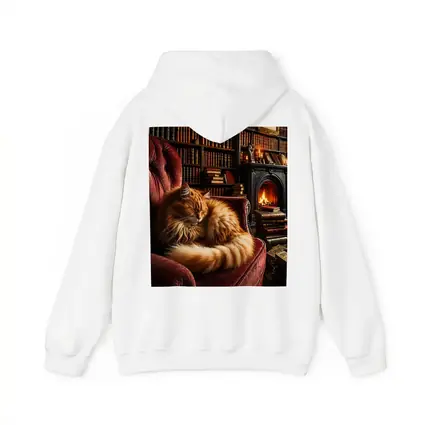 Fluffy Ginger Cat Sleeping Library Fireplace