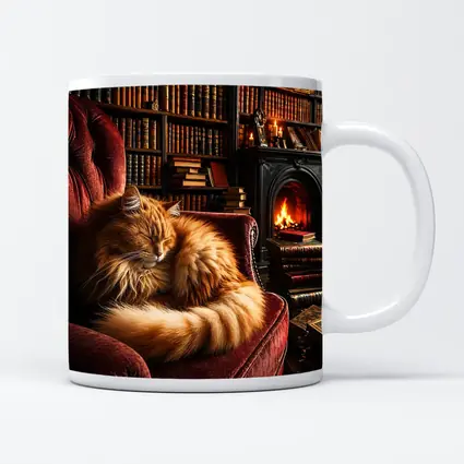 Fluffy Ginger Cat Sleeping Library Fireplace