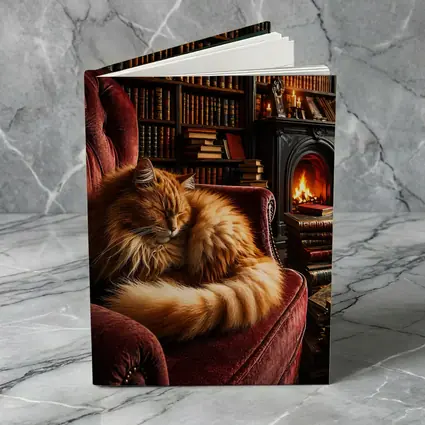 Fluffy Ginger Cat Sleeping Library Fireplace
