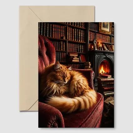 Fluffy Ginger Cat Sleeping Library Fireplace